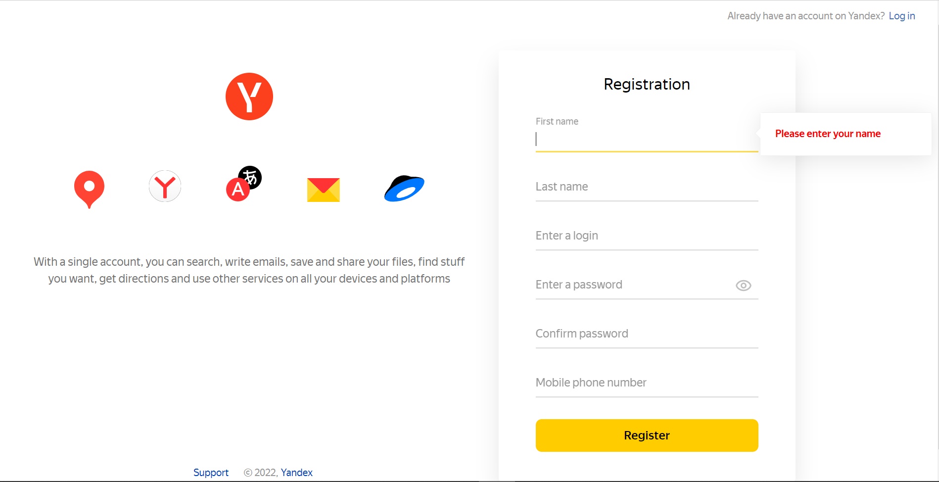 Create New Yandex Mail Account